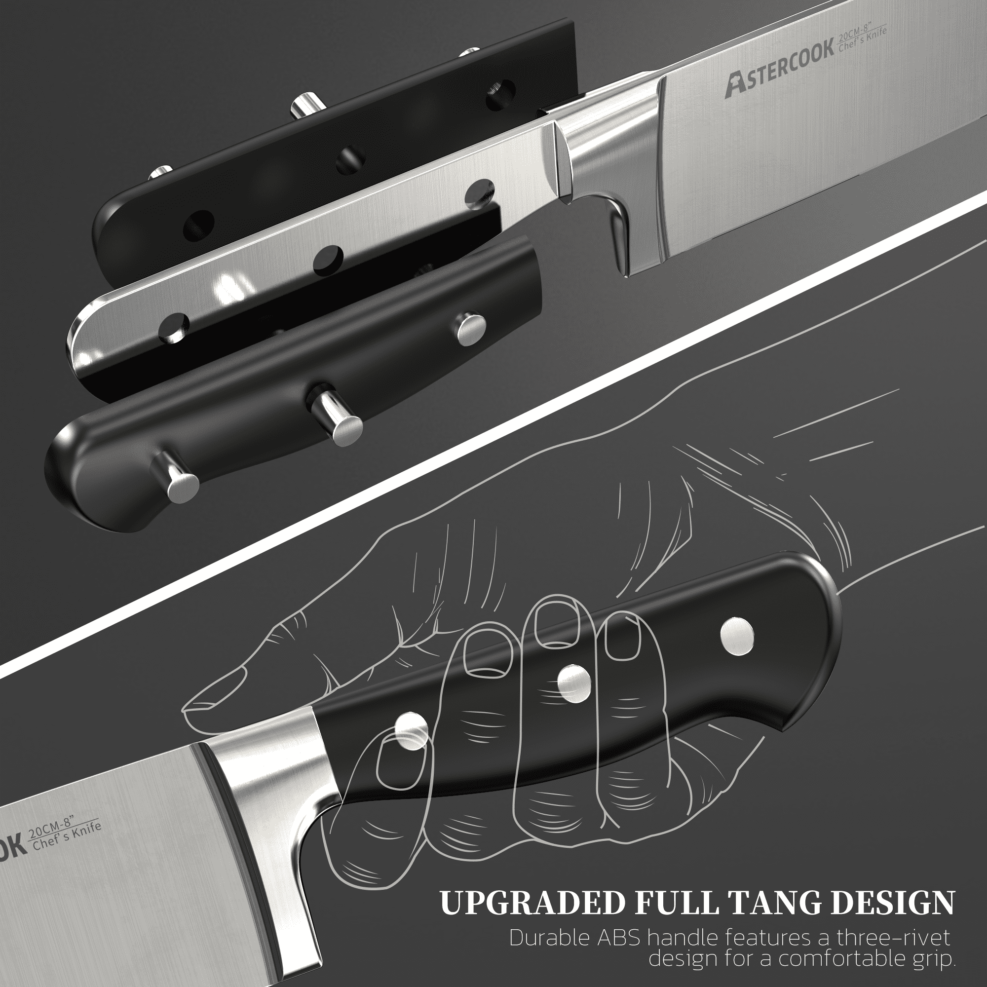 Astercook 14-Piece Knife Set with Block and Built-in Sharpener, Professional Full-Tang Kitchen Knife Set, Sleek Black Design for Modern Kitchens and Housewarming Gifts