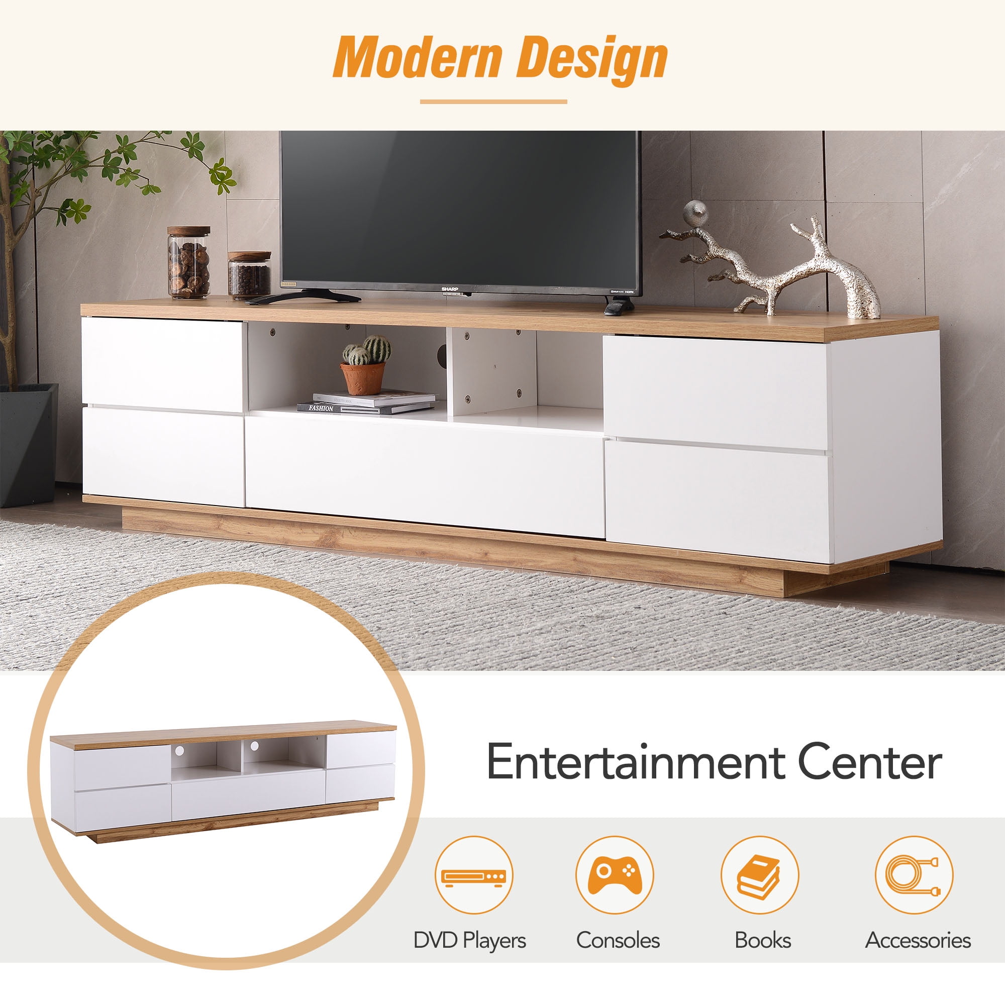 Aukfa TV stand for TVs up to 80" with Door Rebound Device for Living Room Bedroom,White
