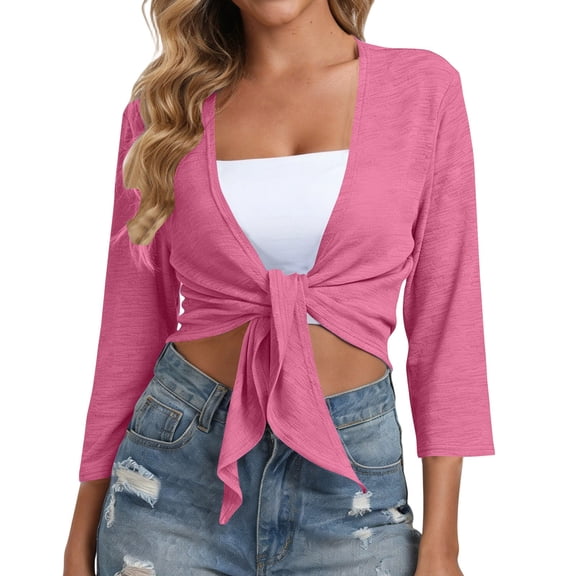 aohooy Womens Summer Cardigans Tie Front Shrug 3/4 Sleeve Bolero Cardigan Lightweight Casual Short Shawl Top Pink,XL