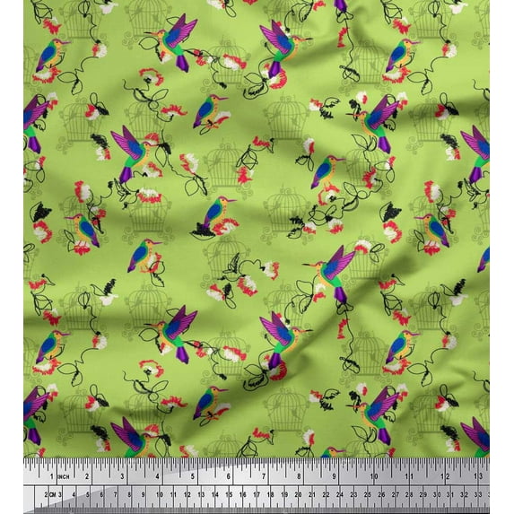 Soimoi Green Japan Crepe Satin Fabric Cage & Humming Bird Print Fabric by Yard 42 Inch Wide