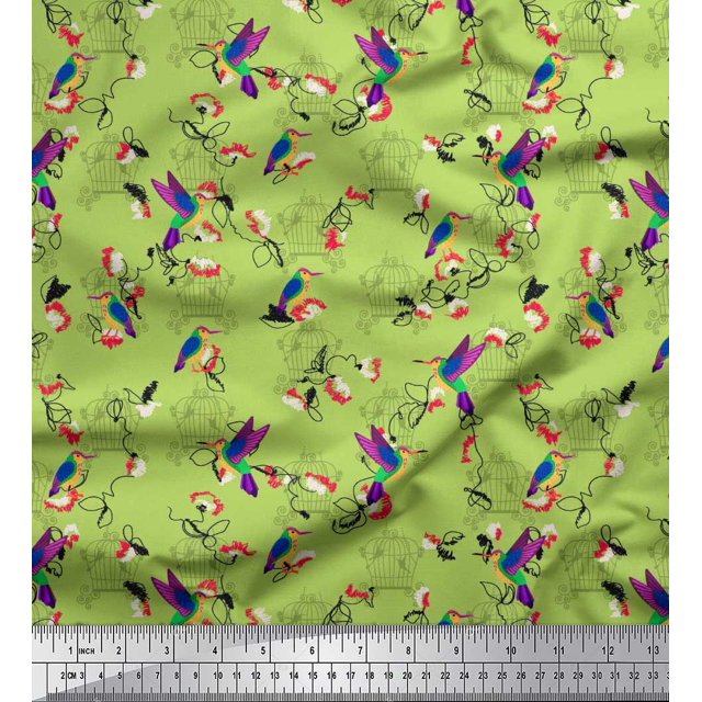 Soimoi Green Rayon Fabric Cage & Humming Bird Fabric Prints By Yard 42 Inch Wide