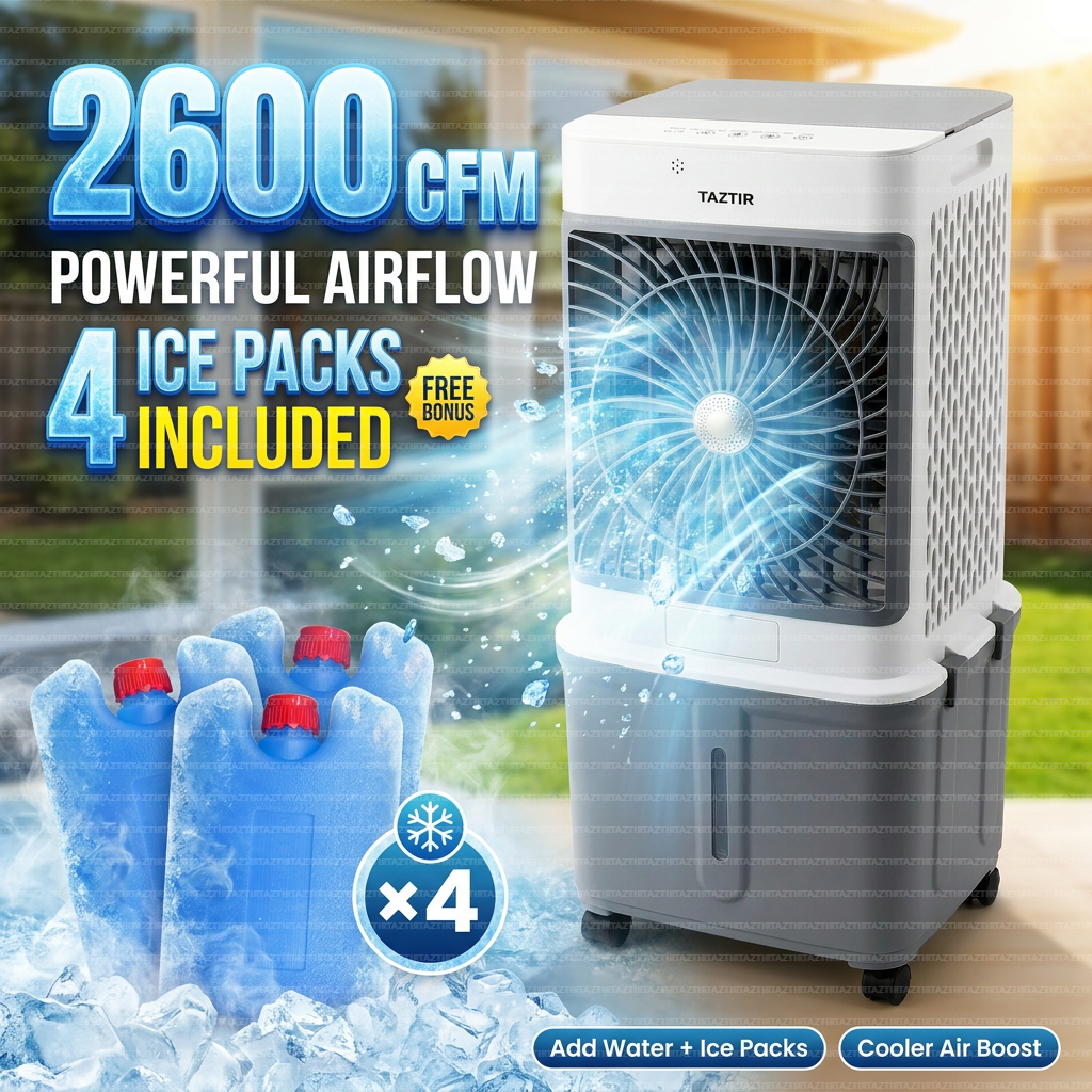 Taztir 2600 CFM 3-Speed Portable Evaporative Air Cooler for Garage, Patio, Workshop, Living Room, Backyard, Includes 4 Ice Packs