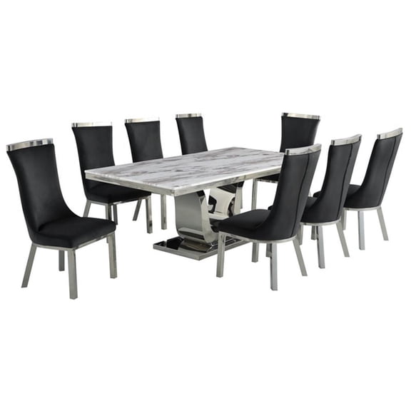 White Marble 9pc Dining Set with Silver Stainless Steel and 8 Chairs