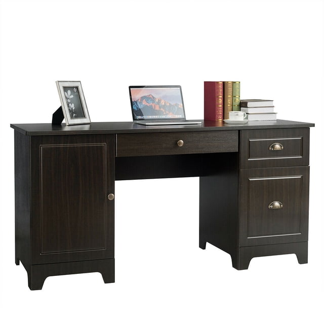 Gymax 59'' Computer Desk Writing Desk Study Workstation with Drawers Brown