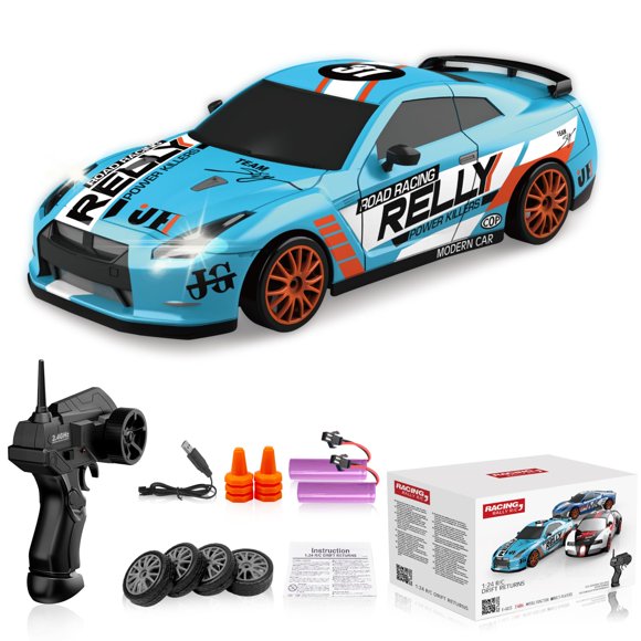 Voiture Télécommandée RC Drift Car 2.4GHz Échelle 1:24 4WD 15KM/H Véhicule Modèle Haute Vitesse Lumières LED Pneu Dérivant Jouet de Sport pour Adulte Garçon Fille Enfant Cadeau 2 Pcs Pile Rechargeable