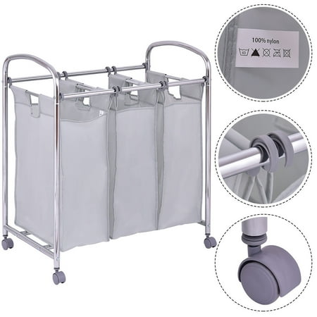 - Gymax Laundry Cart Basket Triple Bag Clothes Storage