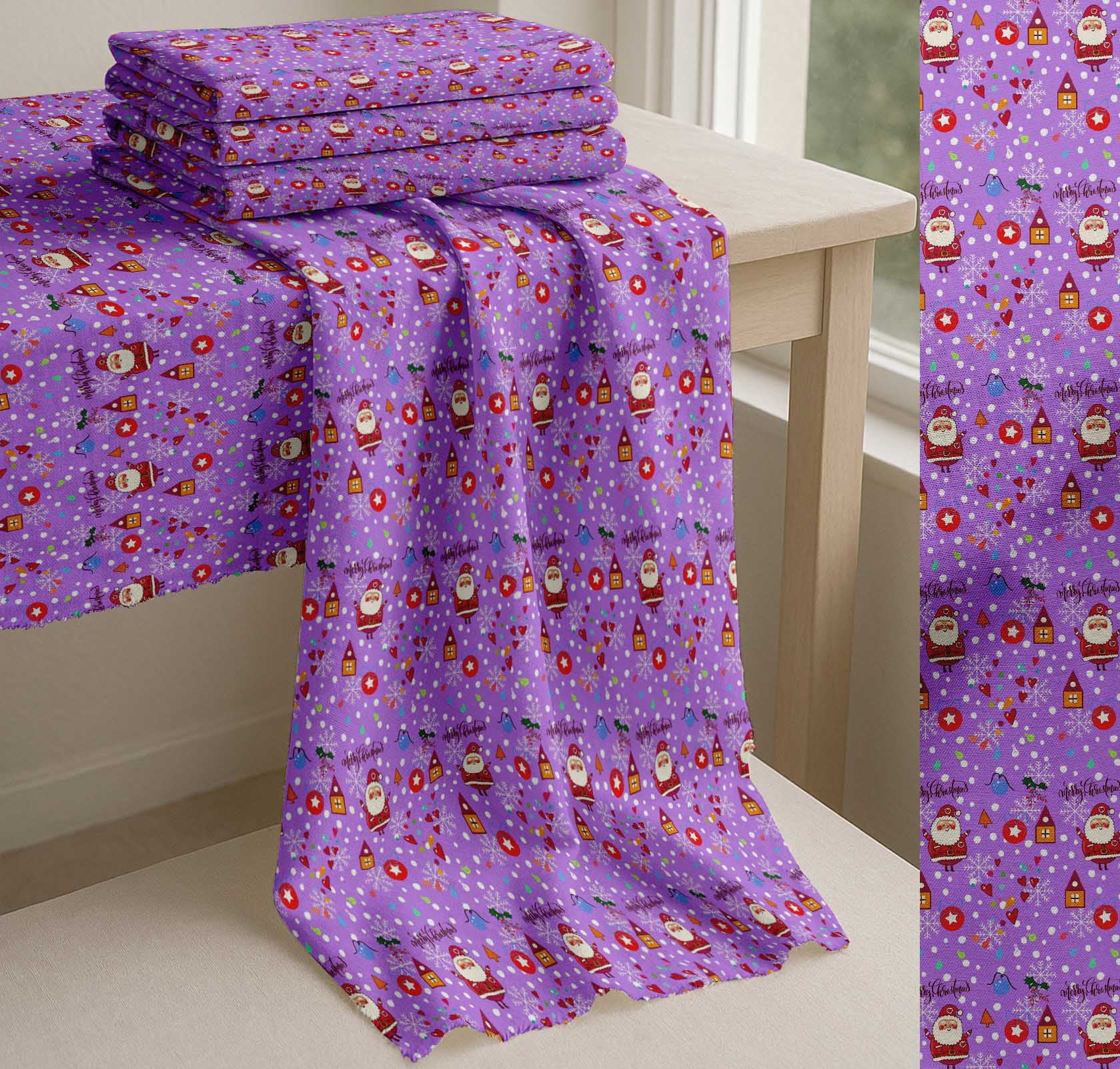 Soimoi Purple Cotton Voile Fabric Heart,Santa & Baubles Christmas Print Sewing Fabric Yard 42 Inch Wide