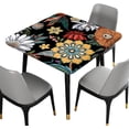 thumbnail image 2 of Boho Floral Square Fitted Tablecloth, Flowers Black Vintage Card Table Cover, Outdoor Washable Elastic Table Cloth Plastic Cover for Square Table for Picnic Garden Patio, Fits to 36x36 In Table, 2 of 6