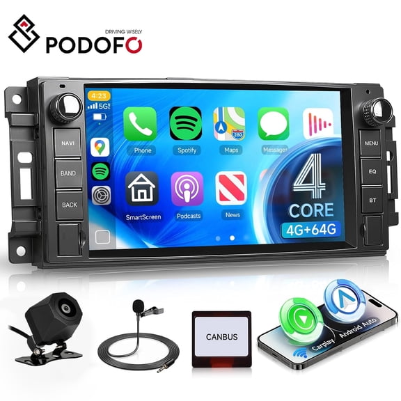 Podofo 4G 64G Android Car Stereo for Dodge Ram 1500 2008-2012 Jeep Wrangler JK 2007-2018 with Wireless CarPlay Android Auto, 7 Inch Car Radio GPS Navigation WiFi SWC Bluetooth FM with Backup Camera