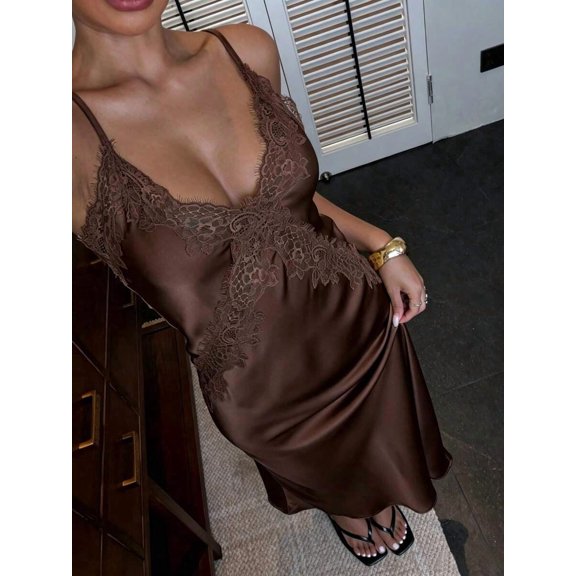 Womens Elegant Brown Satin Slip Dress With Lace Trim, Sexy V-Neck Midi