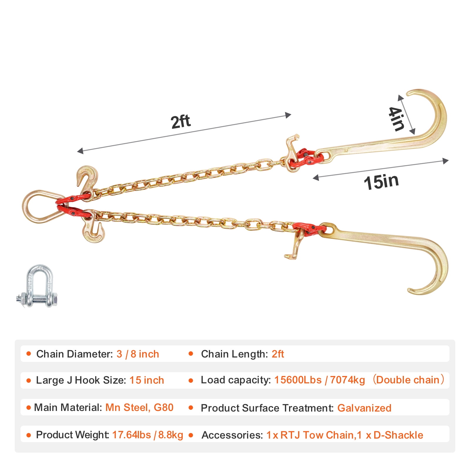 KFFKFF G80 V Bridle Chain, 3/8" x 2' with 15" J Hooks, T Hooks & Grab Hooks, Durable Tow Chain Bridle for Flatbed Truck Wrecker Recovery, 7800 lbs Safe Working Load