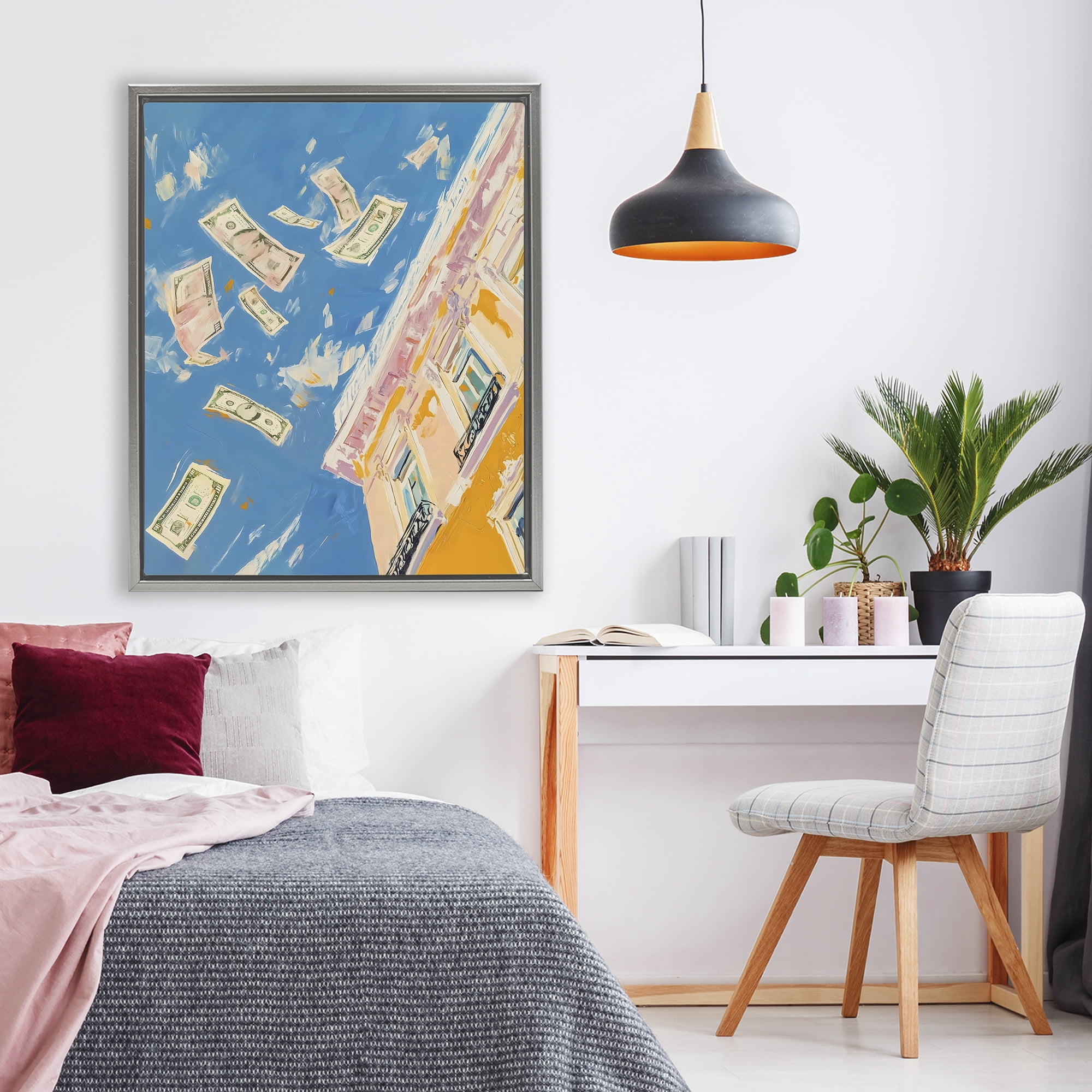 Stupell Industries Money Rain Drifting Past Windows Gray Framed Floater Canvas Wall Art, design by The Prints Vibe