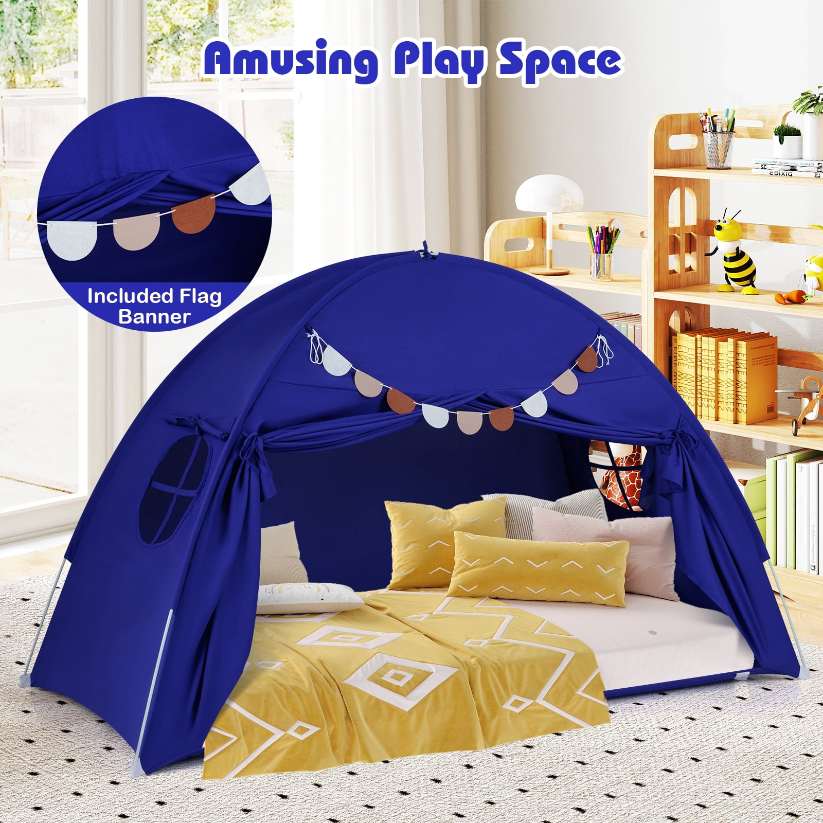 Gymax Twin Full Size Bed Tent w/2 Windows Flags for Boys & Girls Aged 3+ Years Old Navy