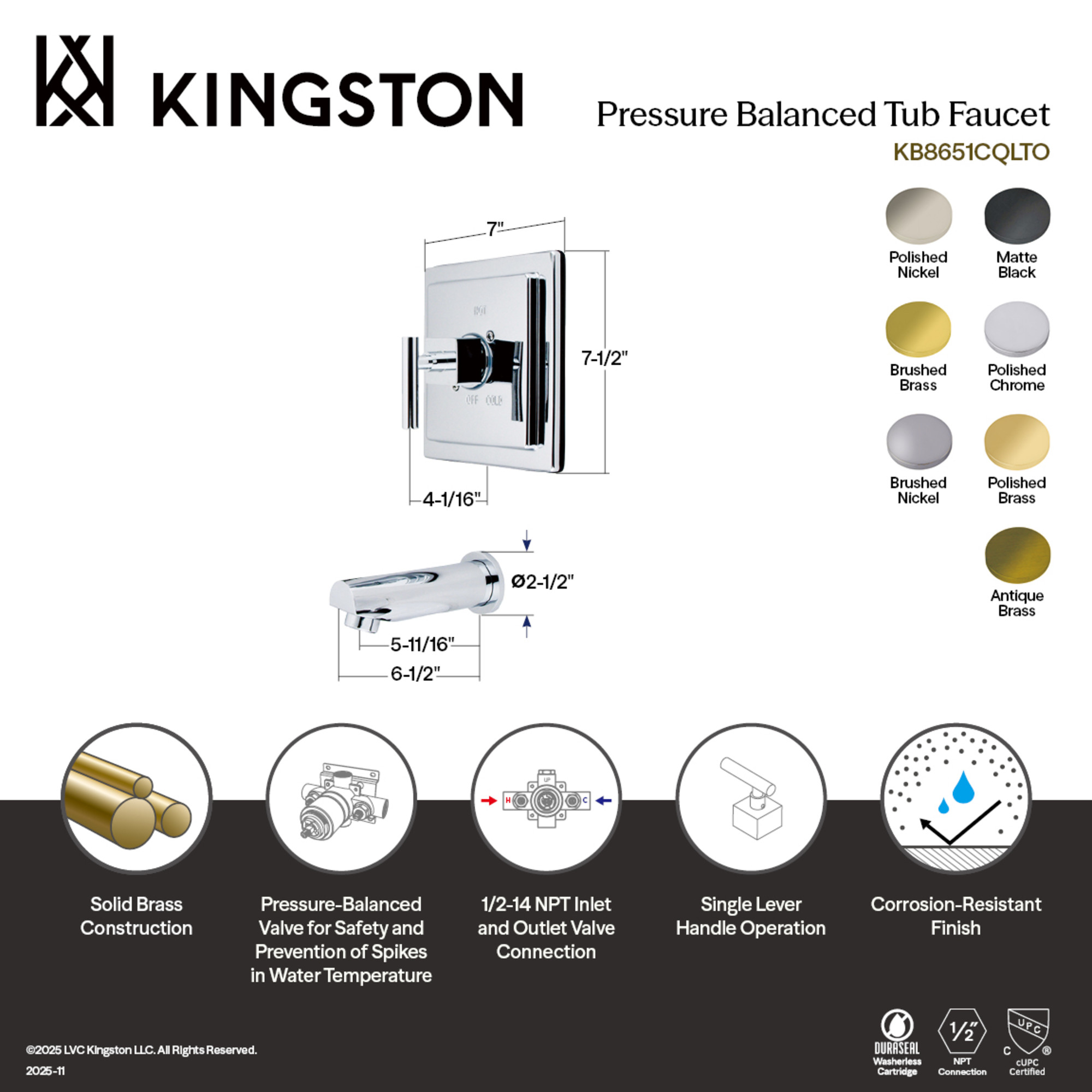 Kingston Brass KB8652CQLTO Claremont Single-Handle Pressure Balanced Tub Faucet, Polished Brass