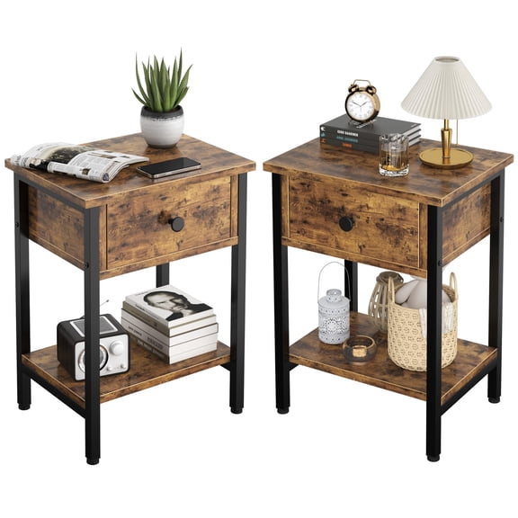 Rustic Brown Nightstand Set Of 2 With Drawer And Shelf Wood Metal Bedside Tables For Bedroom Living Room