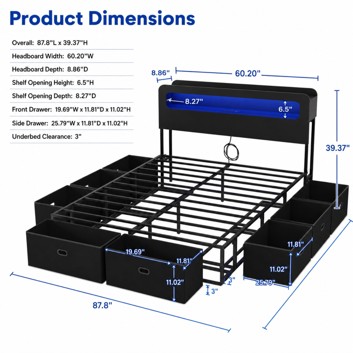 Miniyam Queen Platform Bed Frame with 8 Storage Drawers, LED Lights, Bookshelf Headboard and Charging Station, Black