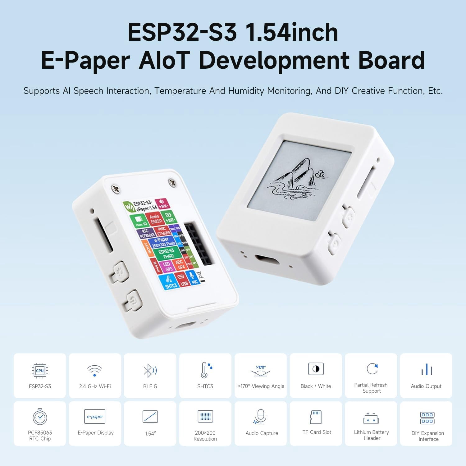 ESP32-S3 1.54inch e-Paper AIoT Development Board, 200 × 200, Black/White, Supports Wi-Fi and BLE Dual-Mode Communication