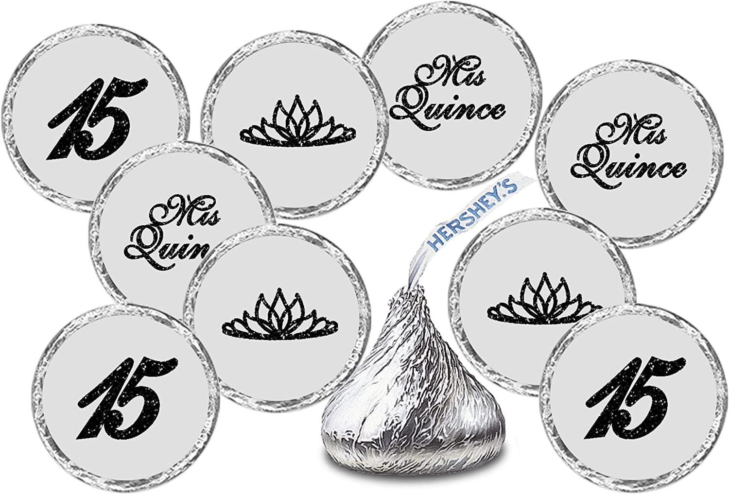 Mis Quince Birthday Black Kisses Stickers, (Set of 216), Quinceanera Chocolate Drops Labels, 15 Party Decoration Favors Decor for Kisses