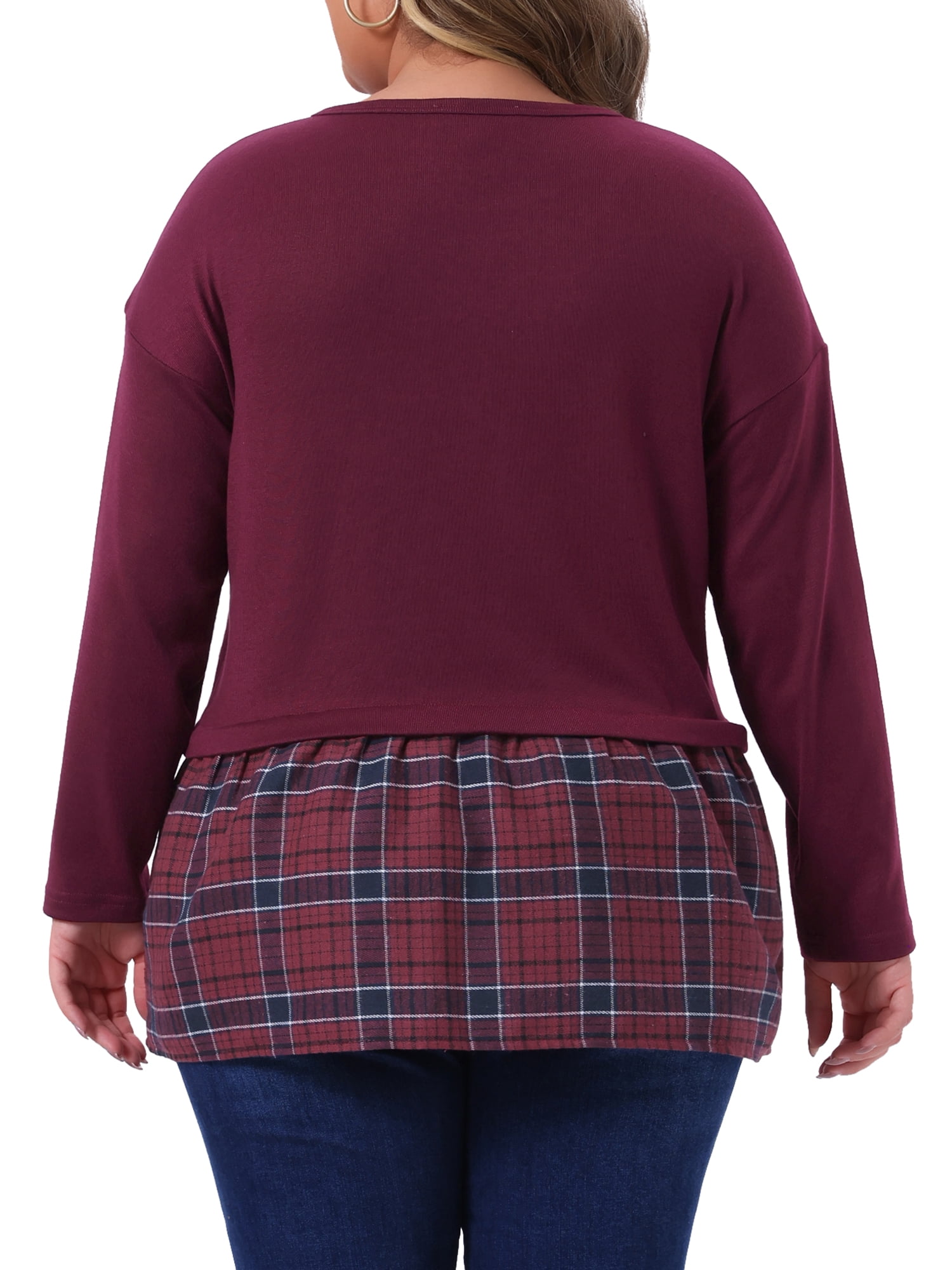 DARING DIVA Women's Plus Long Sleeve T Shirt Tops Patchwork Blouse 1X Burgundy