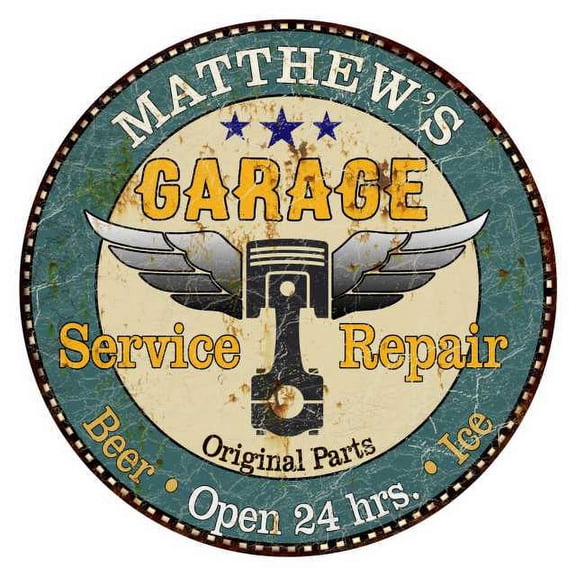MATTHEW'S Garage 14" Round Metal Sign Man Cave Home Wall Decor 100140027420