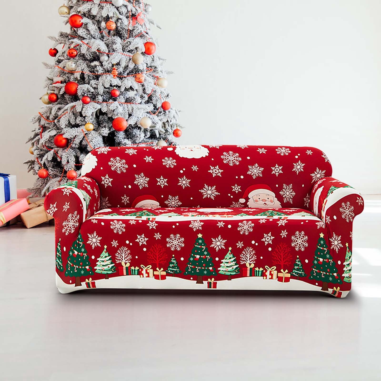 Loyerfyivos Christmas Sofa Cover Santa Claus Printed Sofa Couch Cover Washable Furniture Protector with Elastic Bottom Xmas Home Room Festival Decoration (3 Seater)