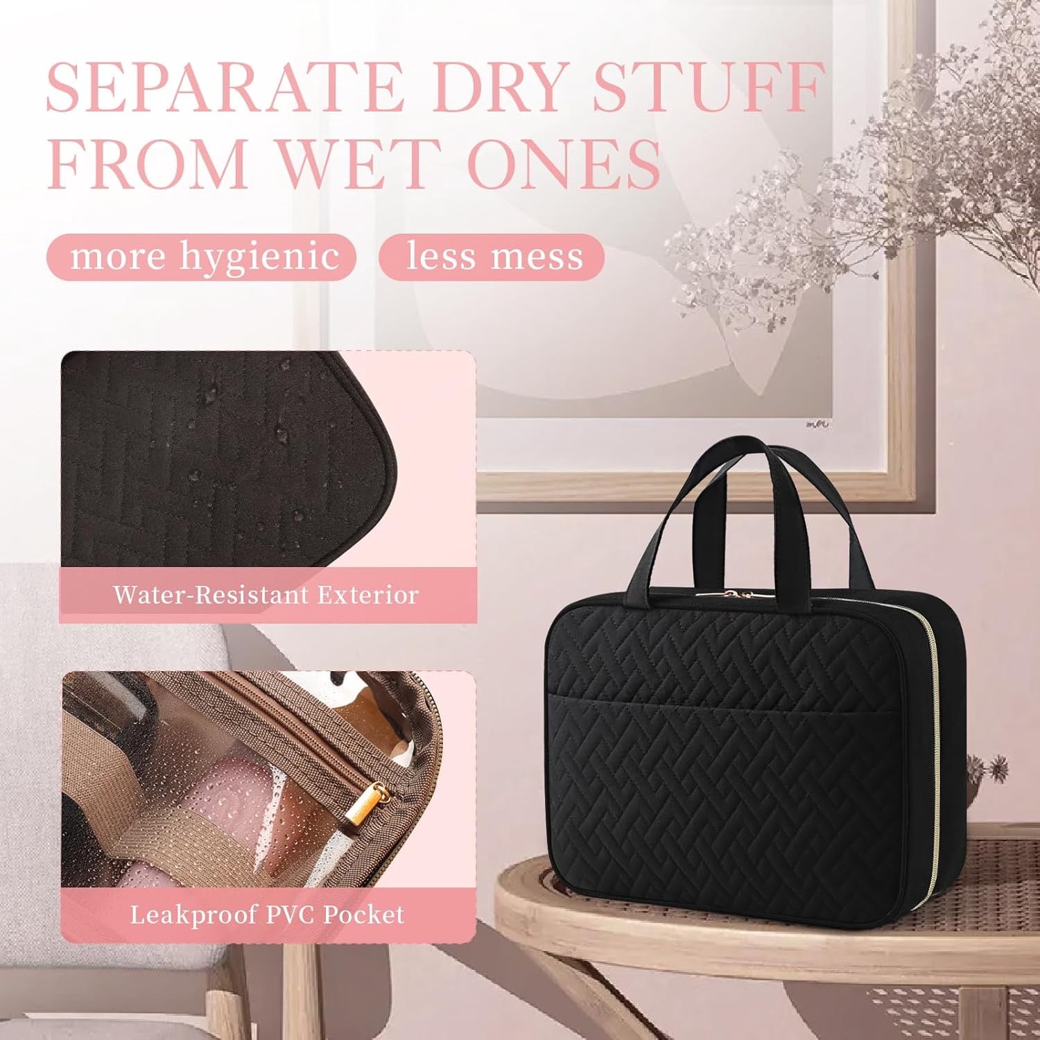 SEHYRTTI Travel Toiletry Bag for Women, Makeup Bag Large Capacity with 4 Layers, Foldable Hanging Organizer,Compact & Leak-Proof Black Design, Gift for Women