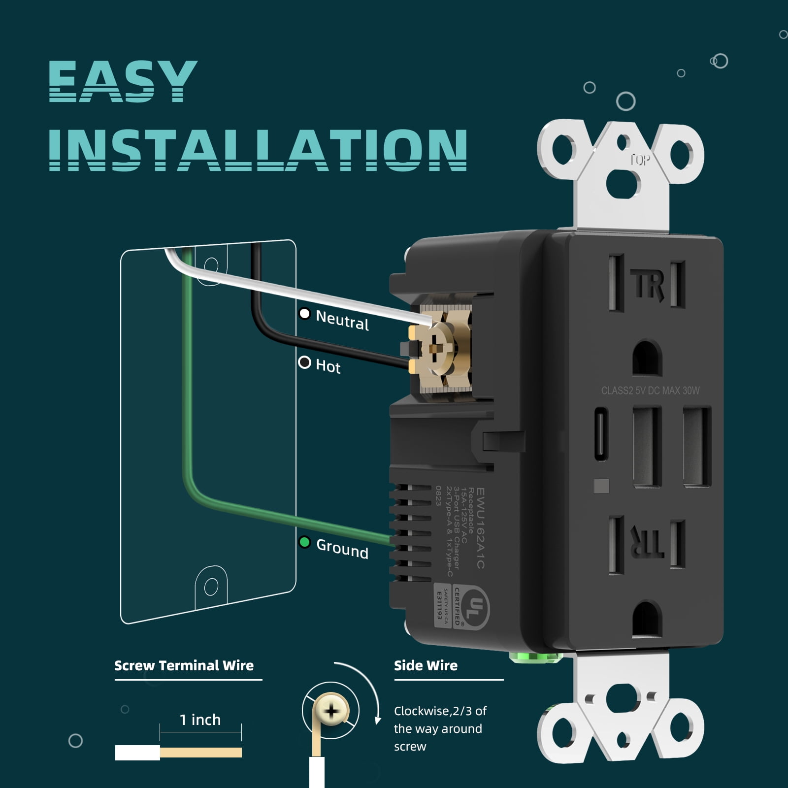 TOPELER Black USB Wall Outlet, 6.0A USB A&C Ports 15A TR Receptacle, UL FCC Listed, Screwless Plate Included, 2 pack