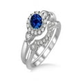 thumbnail image 2 of 1.25 Carat Sapphire and Diamond Antique Three Stone Flower Halo Bridal Set in 14k White Gold sapphire & diamond engagement ring, 2 of 2