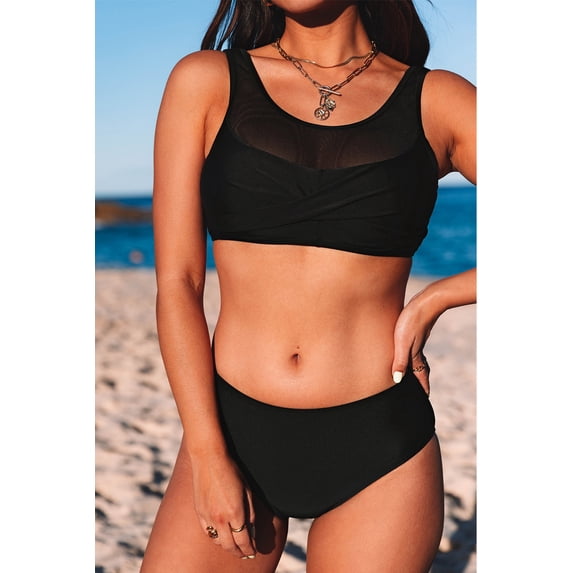 Sexy Mesh Patchwork Twist Front Bikini Set Swimsuit Bikini