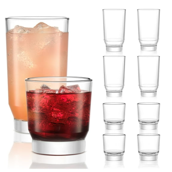 Libbey Merida Mixed Drinkware Set of 8, Merida Cooler Glass Tumblers and Double Old Fashioned Rocks Glass Set, Dishwasher Safe Glassware Drinking Glasses Set