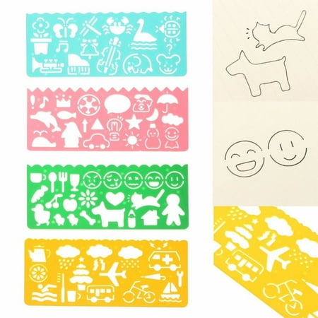 Stencils Rubber 4 Pcs Plastic Symbols Drawing Template Drawing Ruler Stencil School Stationery Kids Art Supplies Toy Hobbies(Random Color) ()