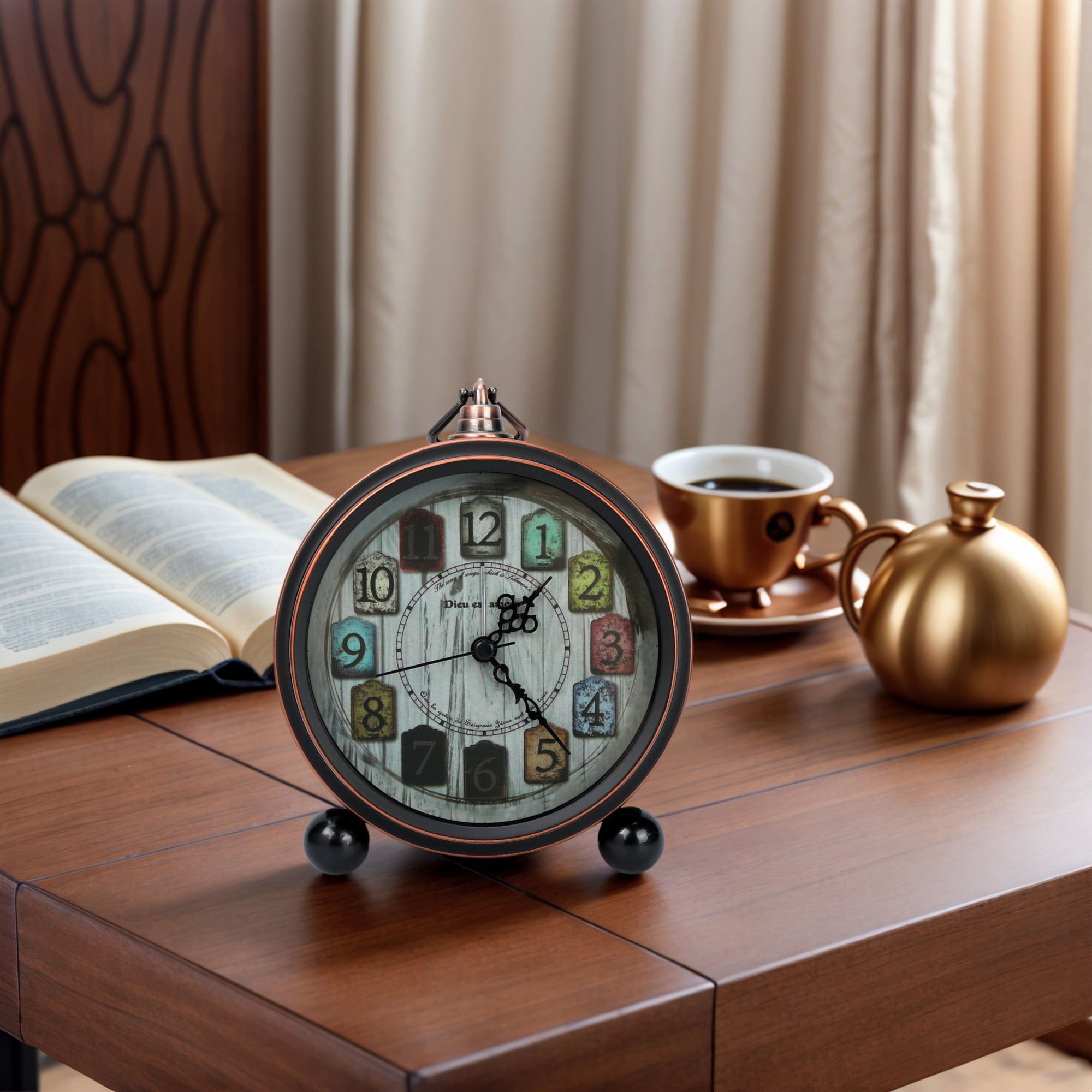 REGALWOVEN Vintage Mechanical Alarm Clock, Metal Casing, with Spherical Base, Ideal for Bedroom Nightstand Wood Grain Pattern 5.3"L x 1.8"W x 7.5"H