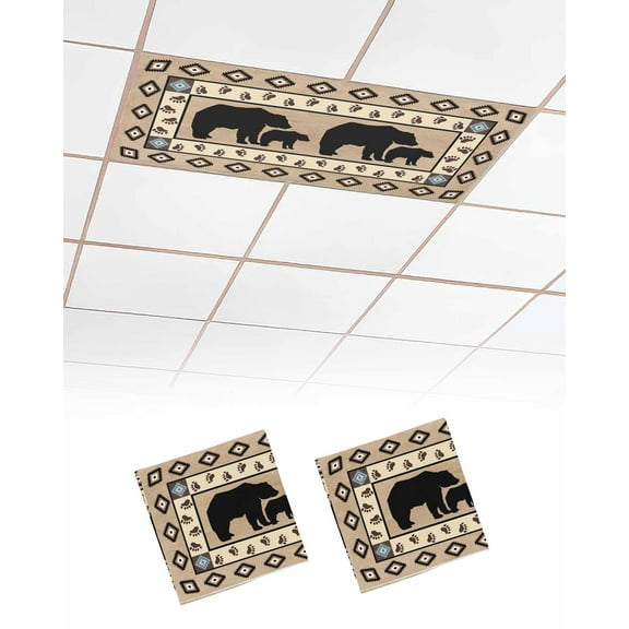 Fluorescent Light Covers for Ceiling Lights 2 Pack, Brown Southwestern Magnetic Ceiling Light Covers 2x4ft for Classroom Office School, Farmhouse Bear Geometric Boho Overhead Drop Ceiling Light Shade