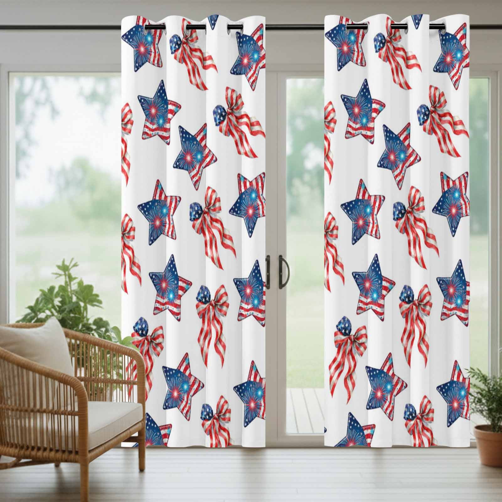 Independence Day Outdoor Curtains for Patio, US Flag Red Blue Stripe Patriotic Star Bow Fireworks Sunshade Privacy Drapes Grommet Waterproof Outside Curtains for Porch Balcony 54"x108", 1 Panel