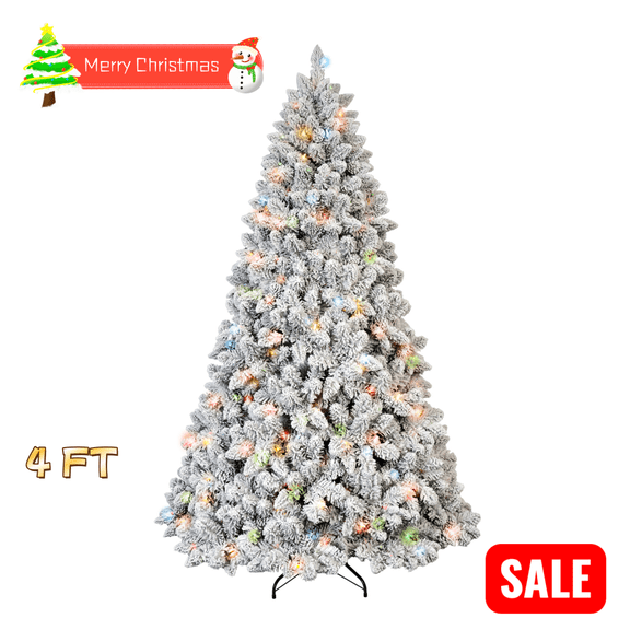 Tcbosik Prelit Flocked Artificial Christmas Tree with 150 LED Lights, 4ft Xmas Tree with 21 Pine Cones and 366 Branch Tips & Foldable Base for Home, Party Decoration, Snowy White