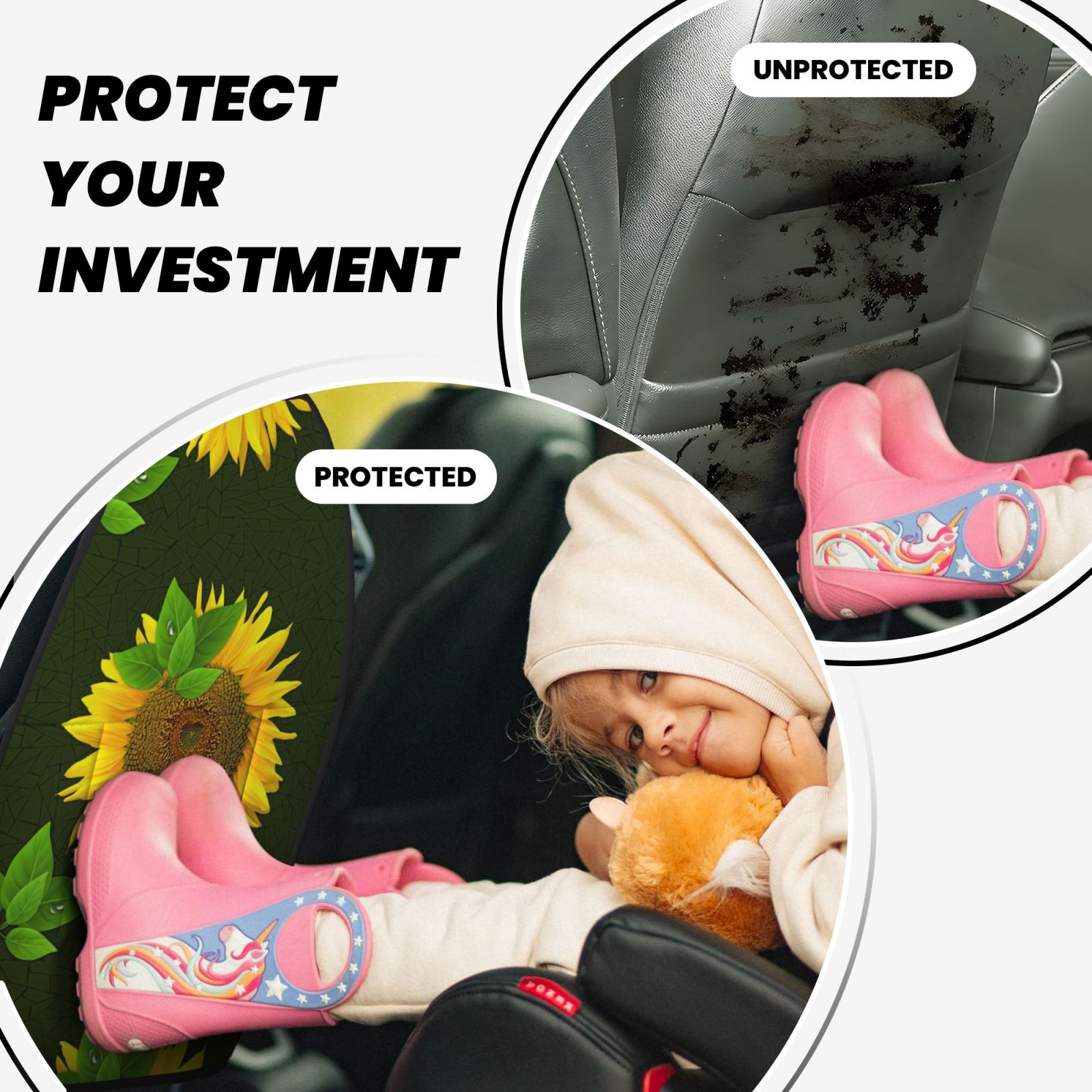 Xecao Sunflower Pattern Car Seat Back Protector 2 Pack Large Capacity Pocket, Kick Mats Back Seat Protector