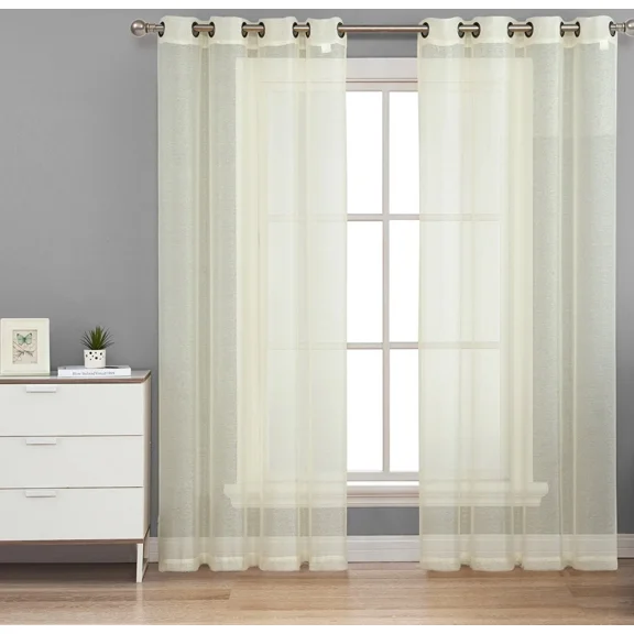 Gorgeous Home Linen Solid Sheer Grommet Top Curtain Panels, 55" x 84", 2-Pack Ivory Beige