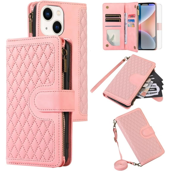 Phone Case for iPhone 14 Plus 6.7 inch Wallet Cover with Tempered Glass Screen Protector and Flip Zipper Card Holder Cell i-Phone 14 iPhone14Plus 5G i i14 iPhone14 14Plus Women Rose Gold