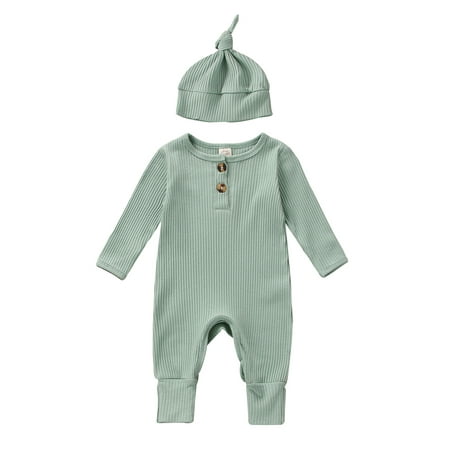 

Karuedoo Infant Baby Girls Boys Romper Knit Ribbed Long Sleeve Button Jumpsuit+Hat Autumn Outfits Blue 0-3 Months