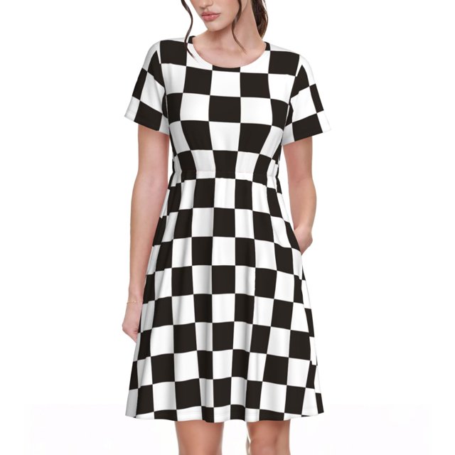 Disketp Black and White Checkerboard para Vestido de Manga Corta para Mujeres, Vestidos de Verano para Mujeres, Casual y Holgado para la Playa