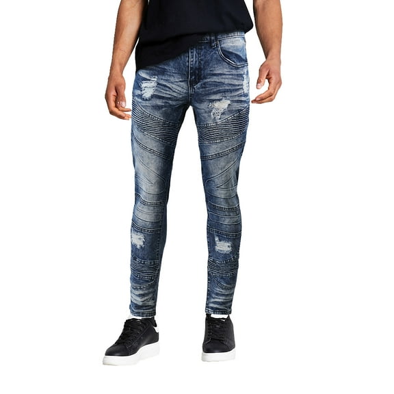 Men's Muscle Fit Distressed Moto Quilt Zipper Super Skinny Stretch Denim Jeans (BDX-80-MB/SS - Medium Blue, 32x30)