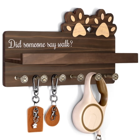 Rebee Vision Farmhouse Dog Leash Holder for Wall - Cute Key Holder Wall Mount with Floating Shelf & 6 Paw Hooks (Brown)