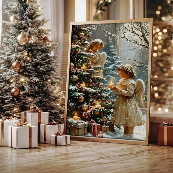 Winter Holiday Angel Poster With Handmade Frame Festive Holiday Wall Art Home Decor, 8x12 UNFRAMED