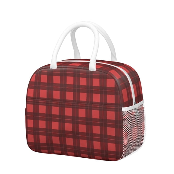 Insulated Lunch Bag for Women, Floral Print Oxford Fabric Lunch Box, Leakproof Thermal Cooler Tote for Work, School & Picnic, Christmas Vintage Grid Print