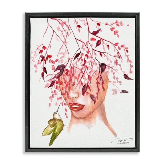 Stupell Industries Leaves Over Face Portrait Portrait Painting Black Floater Framed Canvas Art Print Wall Art, 17 x 21