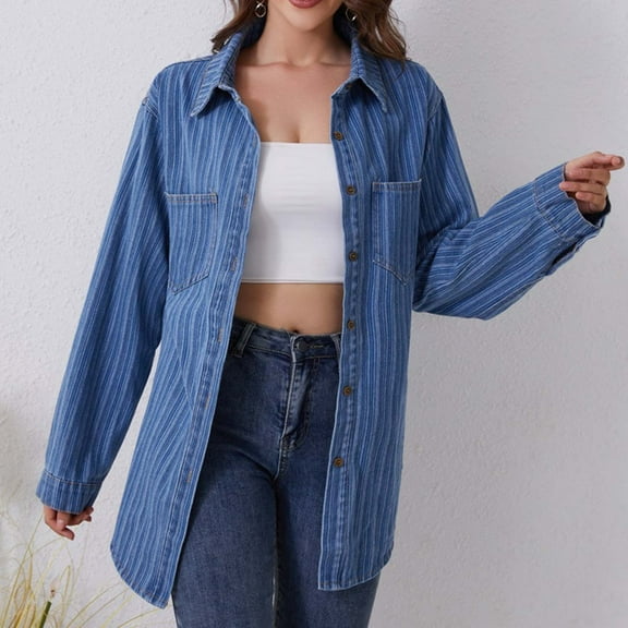 Qetyuw Womens Long Jean Jackets Soft Trendy Strip Print Denim Jackets Lightweight Long Sleeve Jean Coats with Chest Pockets