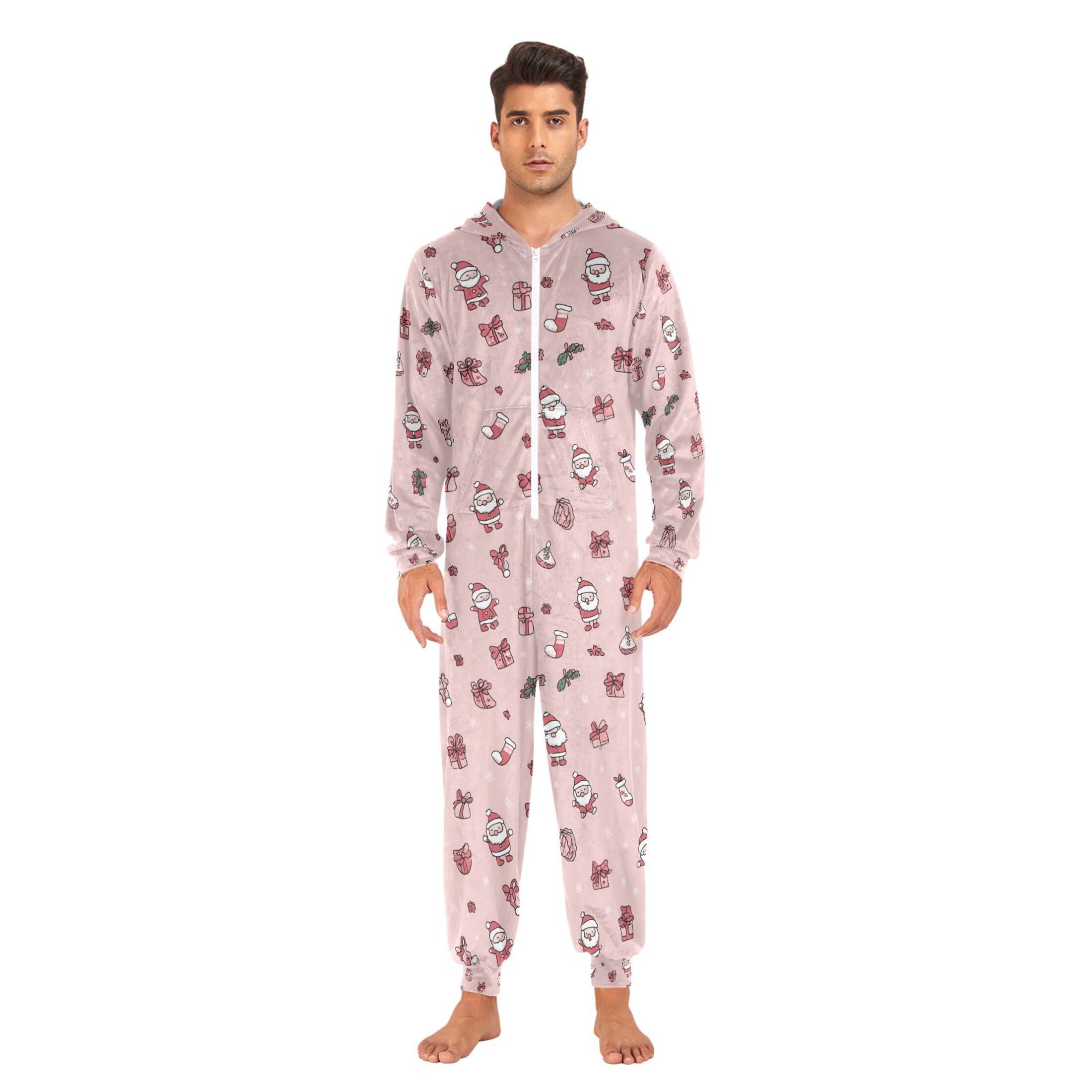 Adult Christmas Onesie Pink Bow Socks Adult Zipper One-Piece Pajamas Unisex Pajamas with Pockets