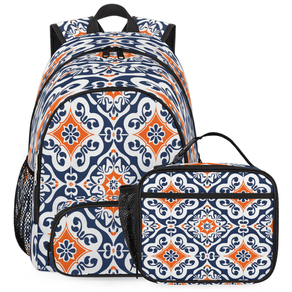 Herdesigns Boho Mexican Tile Large Backpack Set with Lunch Box Lightweight Water Resistant Travel Laptop Backpacks Casual Daypacks for Women Men