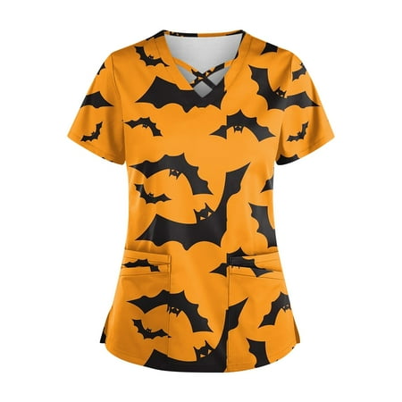 

Bazyrey Halloween Scrub Tops Women Halloween Printing Short Sleeve V-neck Tops Working Pocket Blouse Orange 2XL