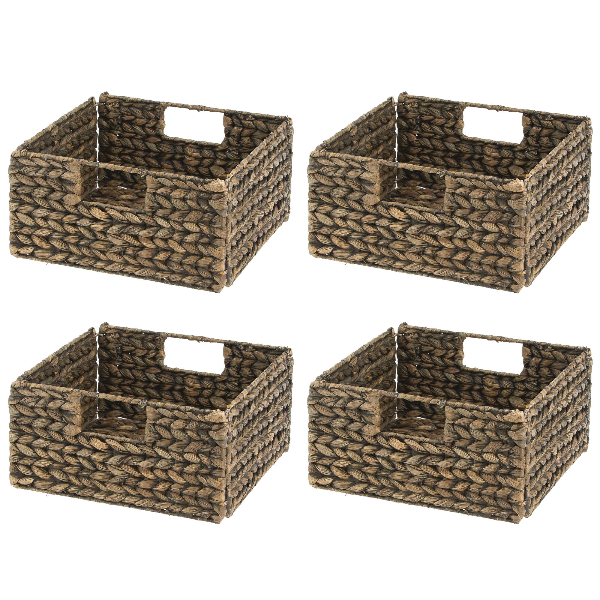 mDesign Woven Hyacinth Kitchen Basket Organizer with Handles, 4 Pack, Brown Wash
